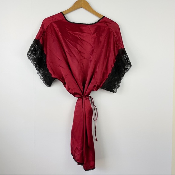 Vintage 90s Dark Red Maroon Silky Lace Trimmed Lingerie Robe - Picture 3 of 7